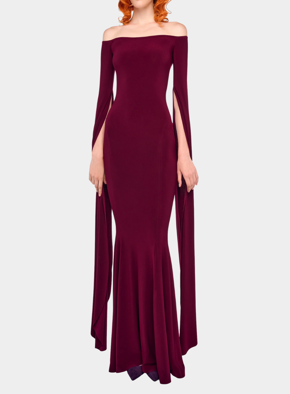 Norma Kamali Off Shoulder Ribbon Sleeve Fishtail Gown