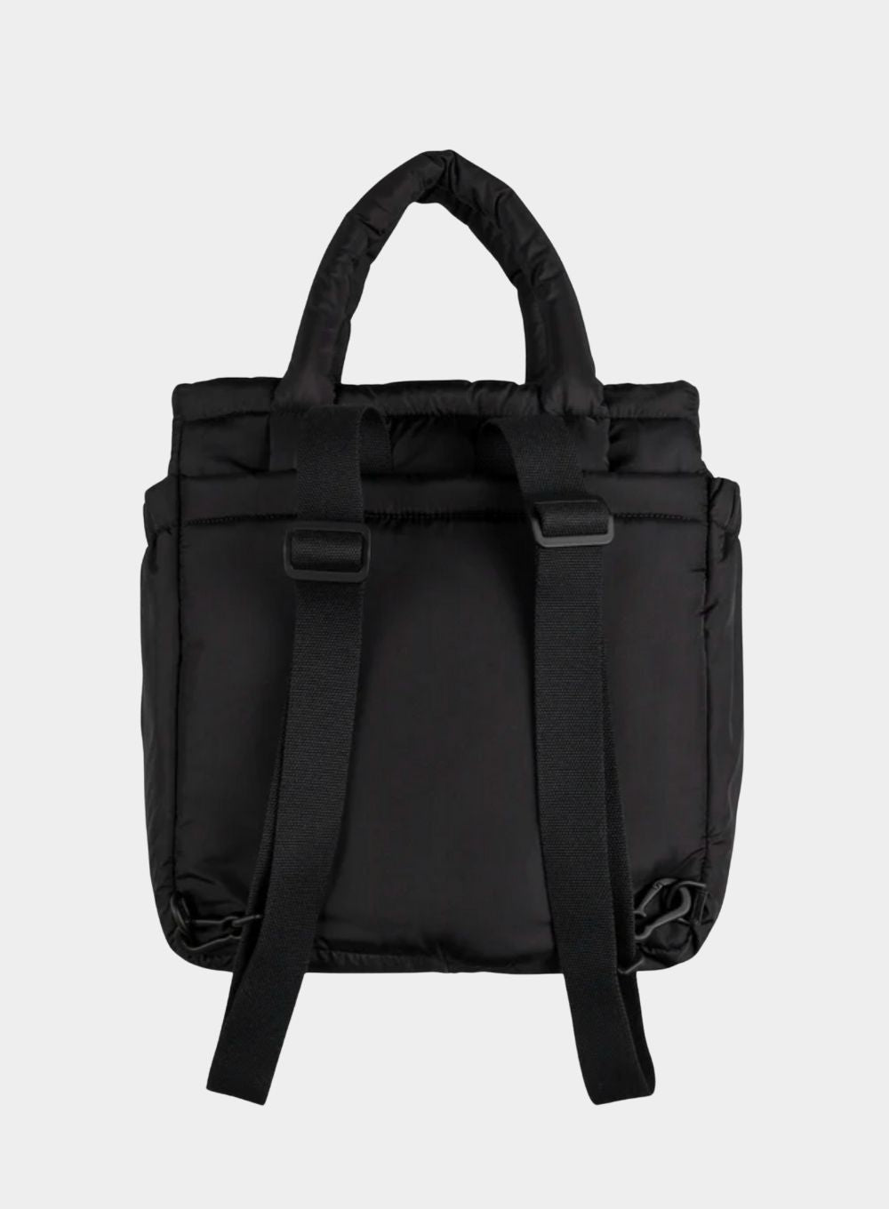 Black backpack on a light gray background