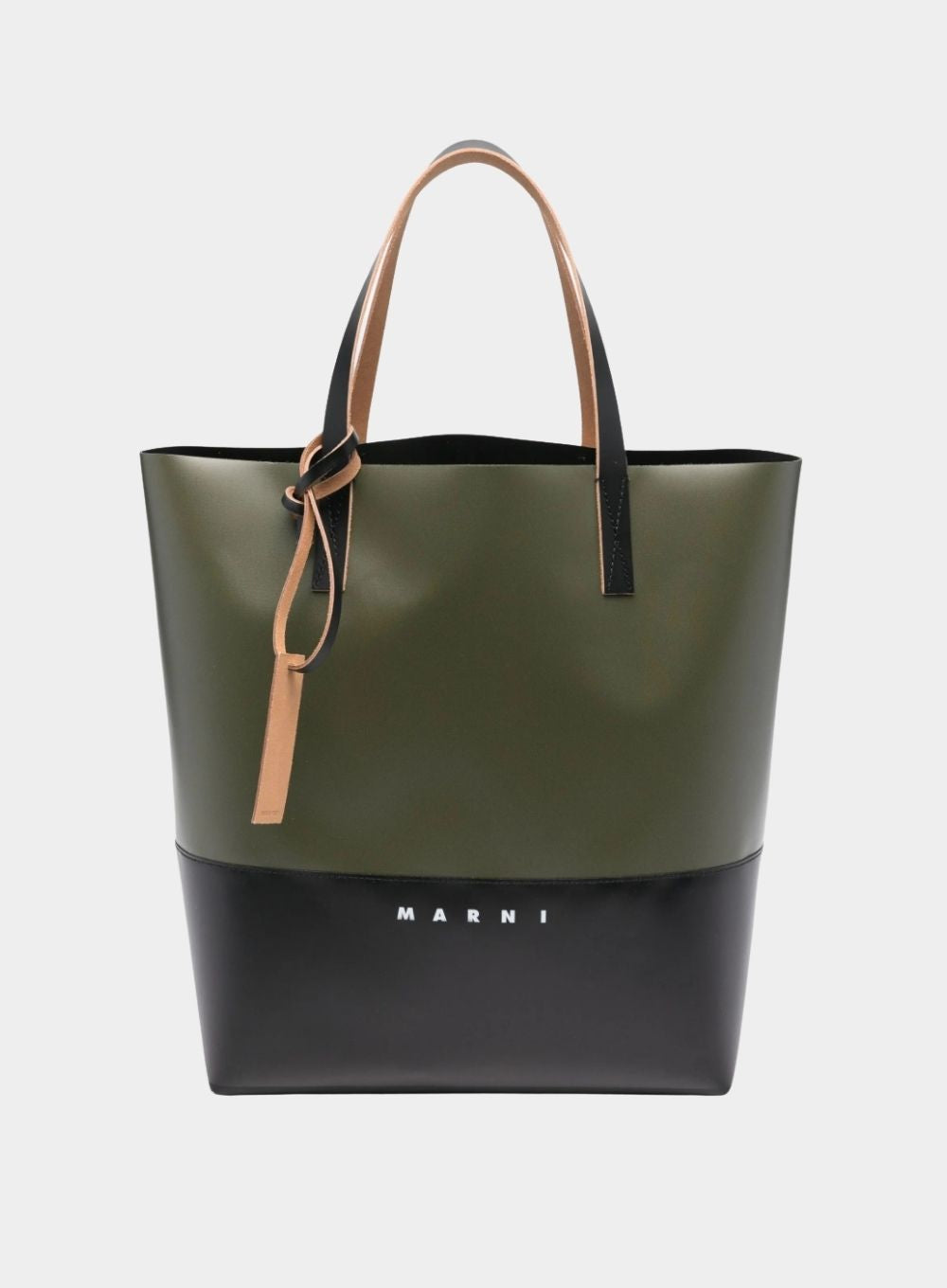 Green and black Marni tote bag with brown handle on a white background
