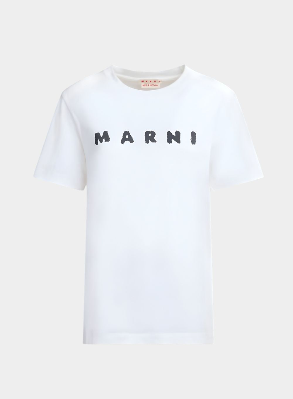 White t-shirt with 'Marni' logo on a white background