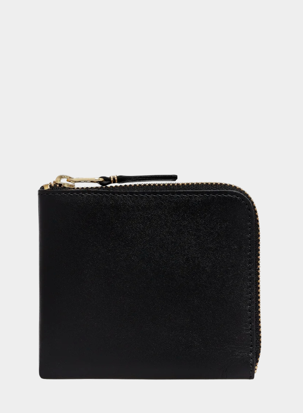 Black wallet with a gold zipper on a white background