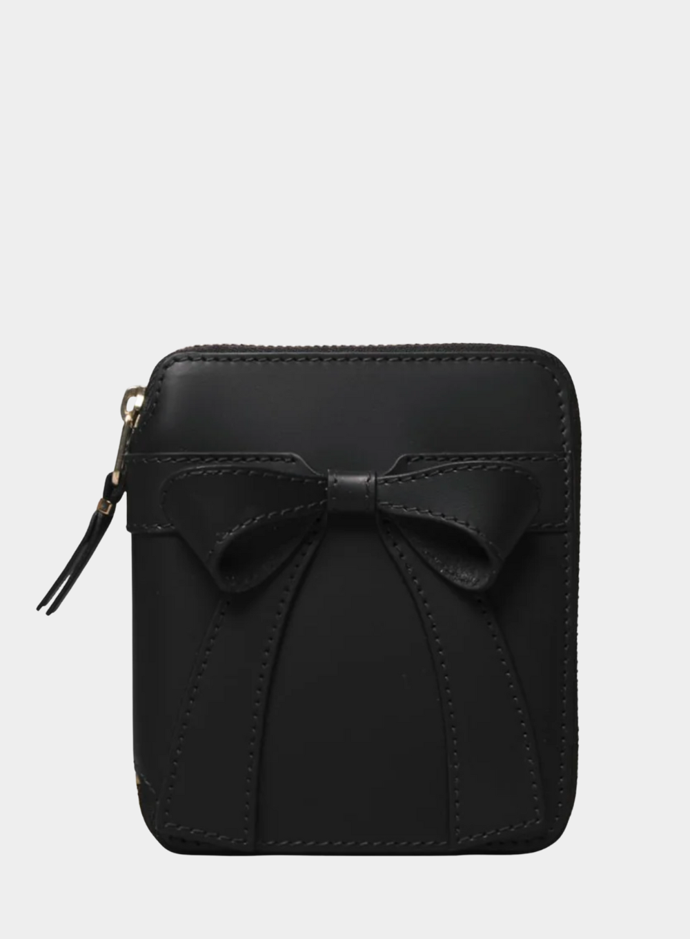 Black wallet with a bow on a light gray background