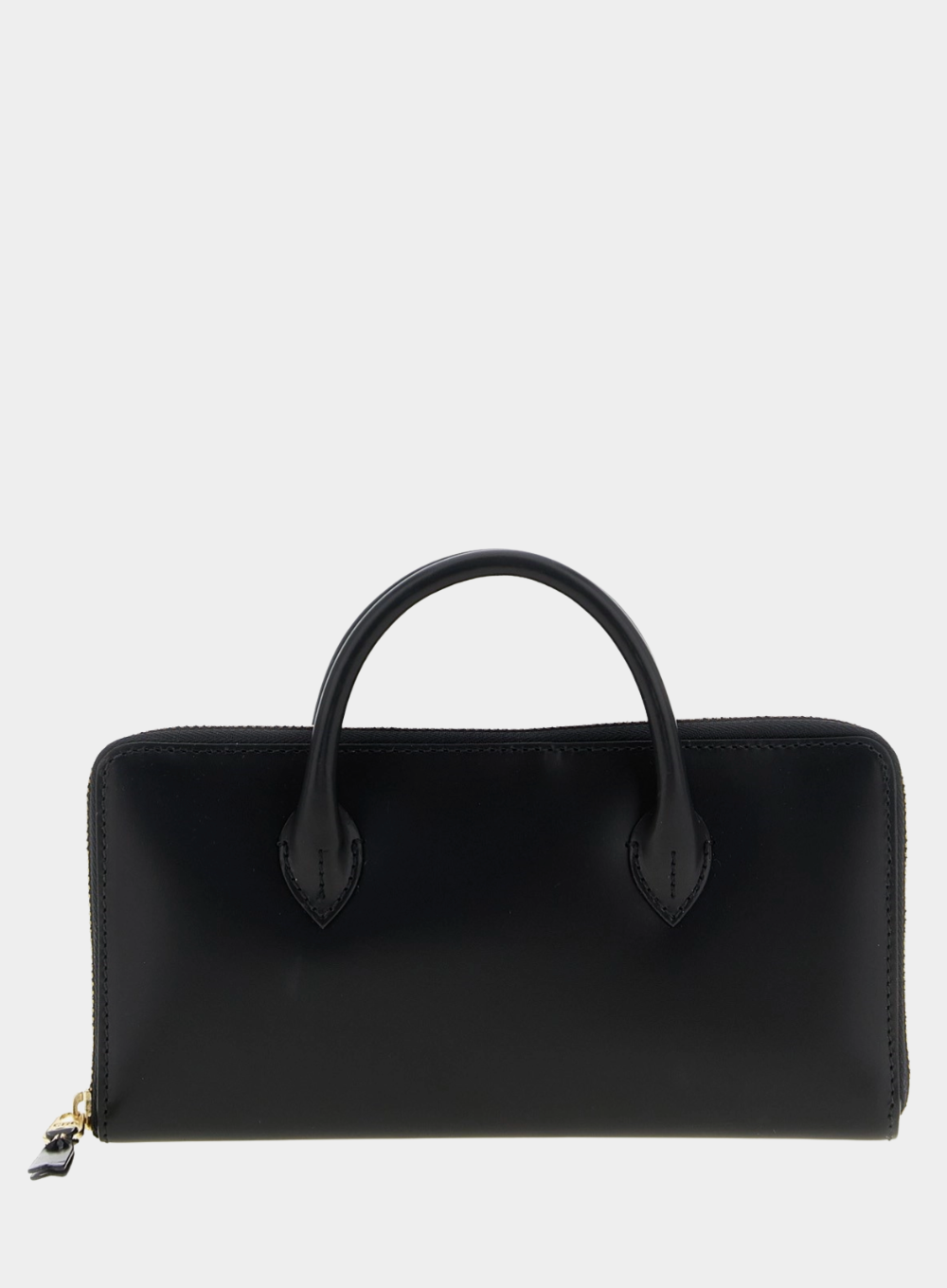Black handbag with a gold zipper on a white background