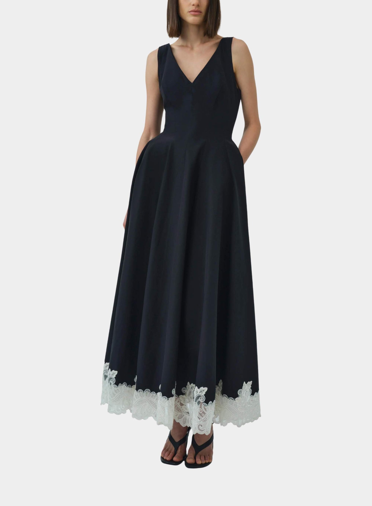 SIMKHAI Mira Cotton Faille Lace Midi Dress, Black Multi, Women's, 8
