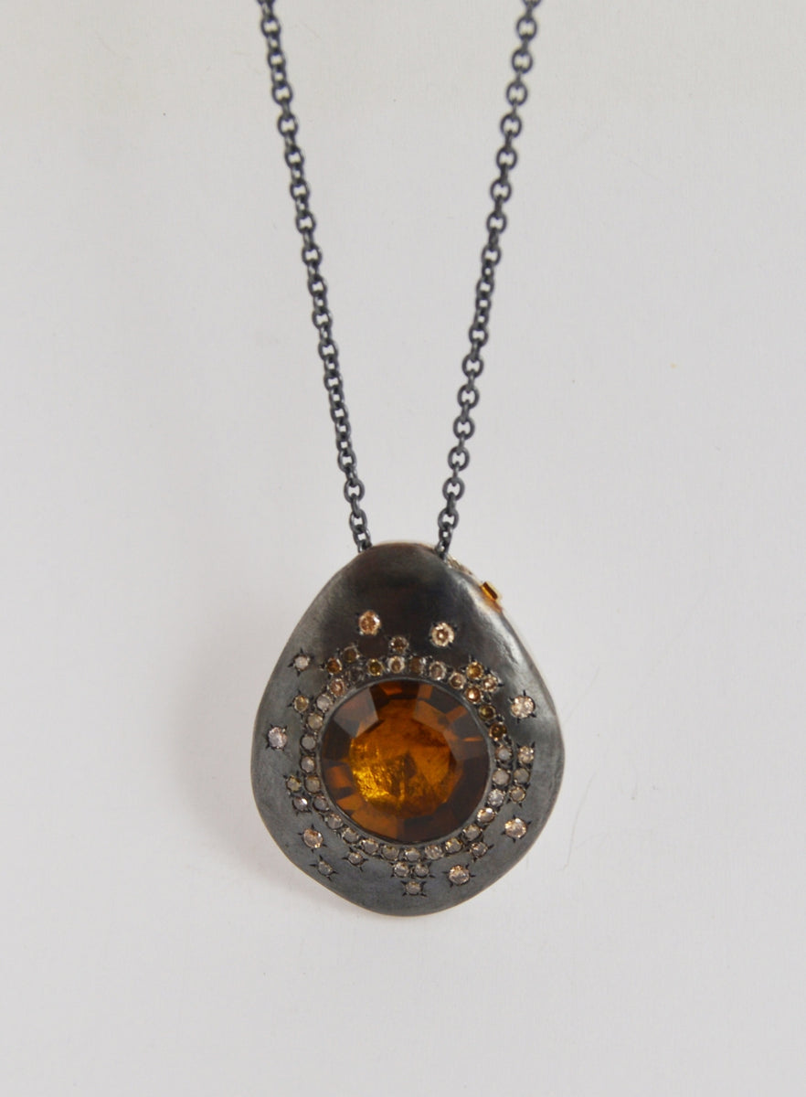 ROSA MARIA | Sterling Silver Necklace with Beer Quartz and Cognac Diam ...