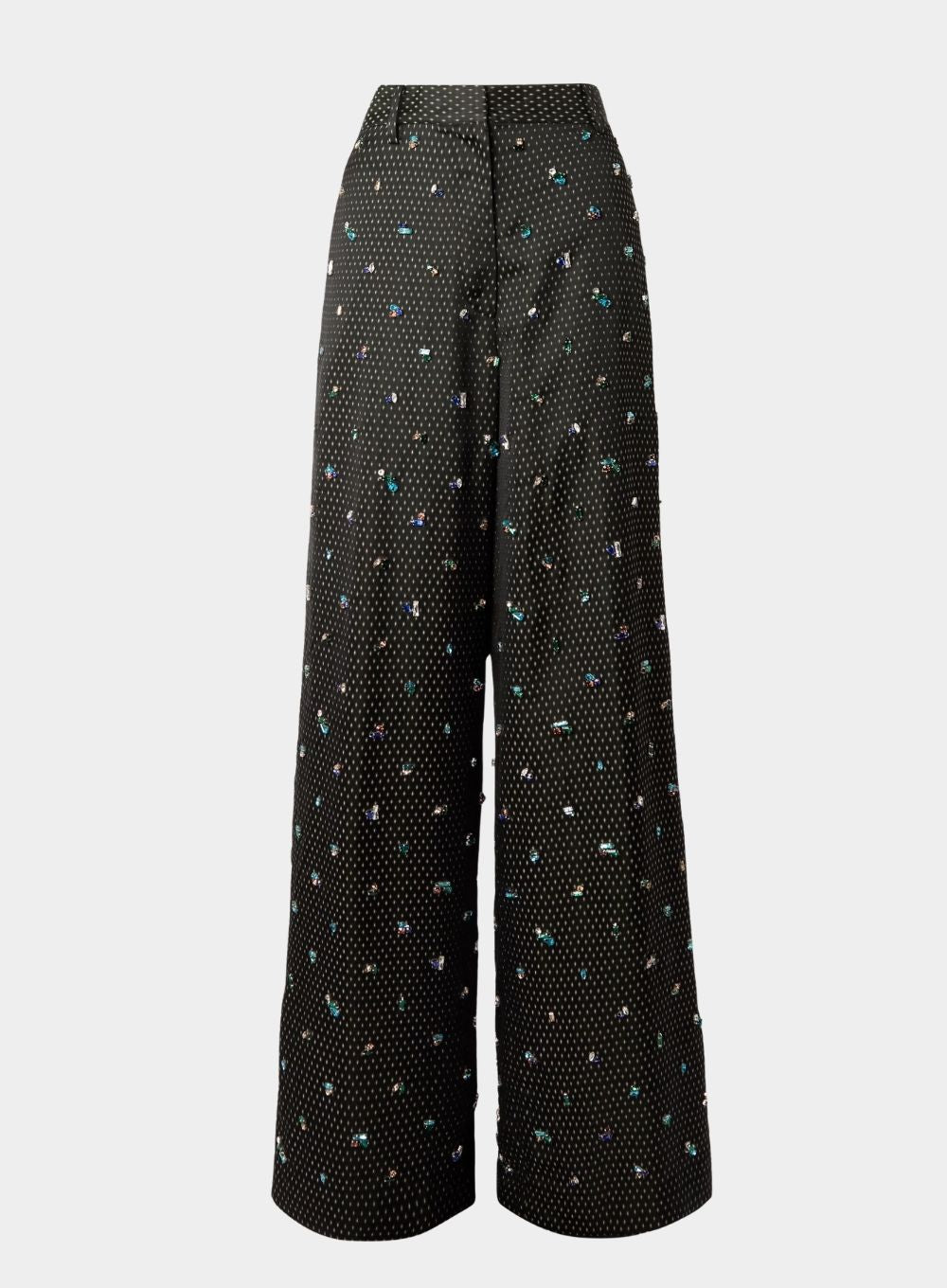 Black wide-leg pants with multicolor pattern on a white background
