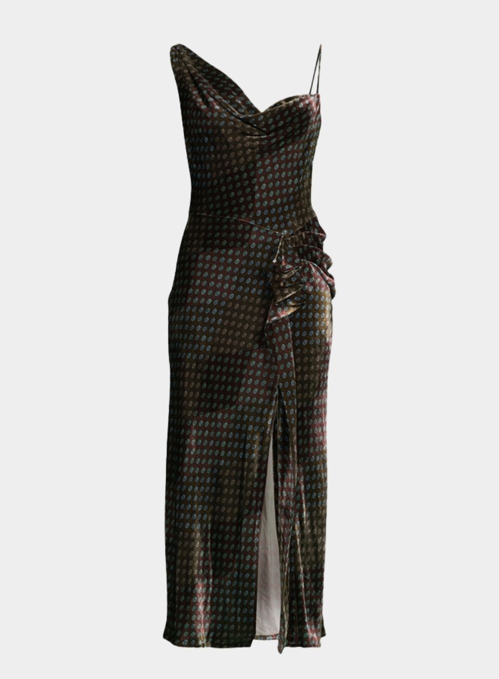 Patterned dress with a fitted silhouette on a white background