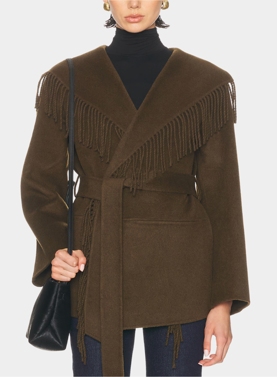 Brown fringed coat worn by a person on a white background