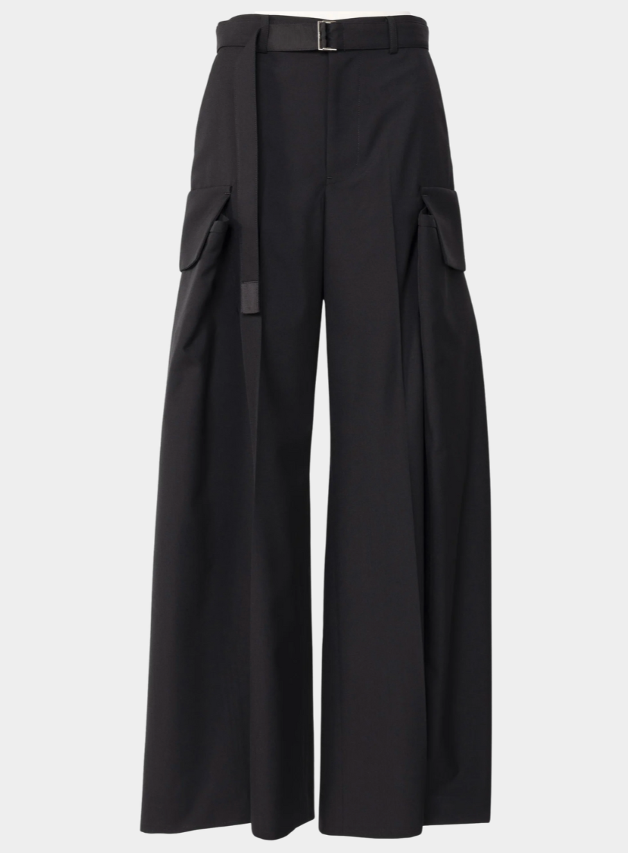 Black wide-leg pants with a belt on a light gray background